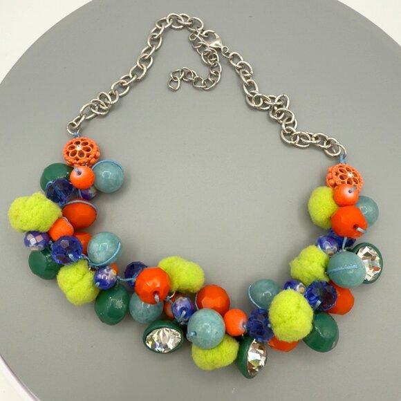 Bright Colorful Beaded Pom Pom Cha Cha Necklace Orange Green Blue Rhinestones - Picture 10 of 13
